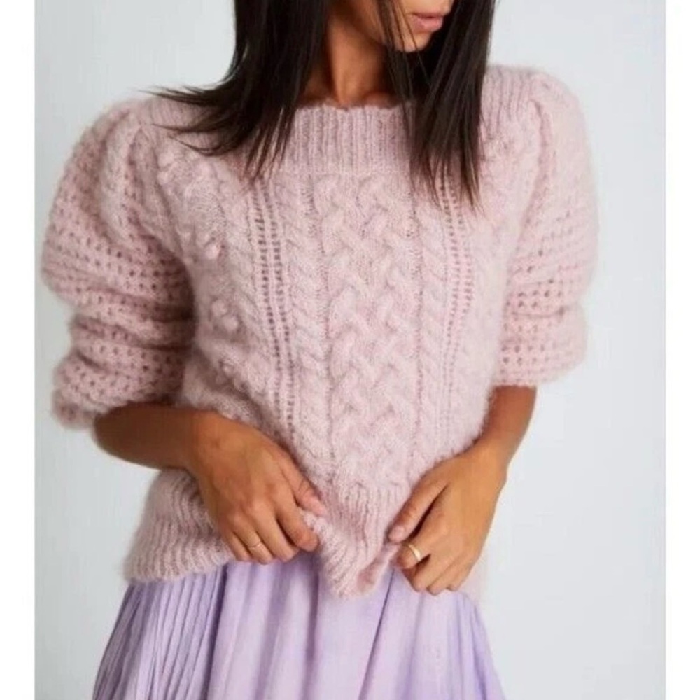 LoveShackFancy Vyoma Pullover Cable Knit Alpaca Sweater in Sugar Poppy Size S